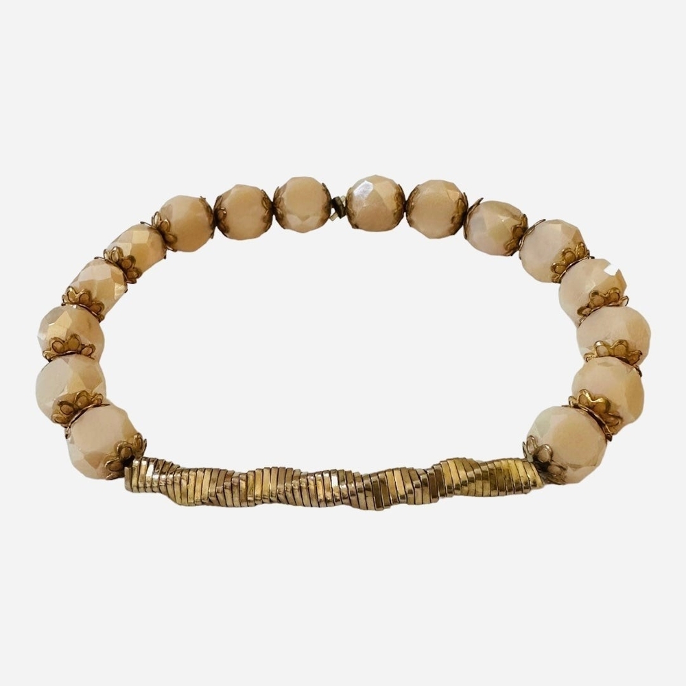 Gold Tone Faceted Champagne Crystal Beaded Elastic Bracelet Gift Pouch VG - Picture 3 of 4